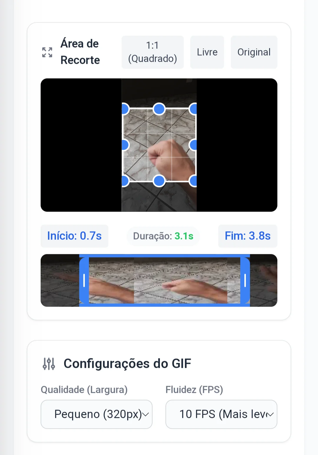 Ferramenta de recorte visual permitindo ajustar livremente as bordas do vídeo