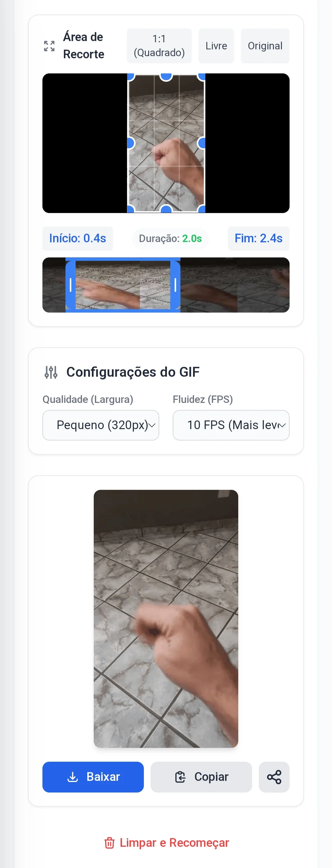 Timeline com miniaturas dos frames para seleção precisa de tempo