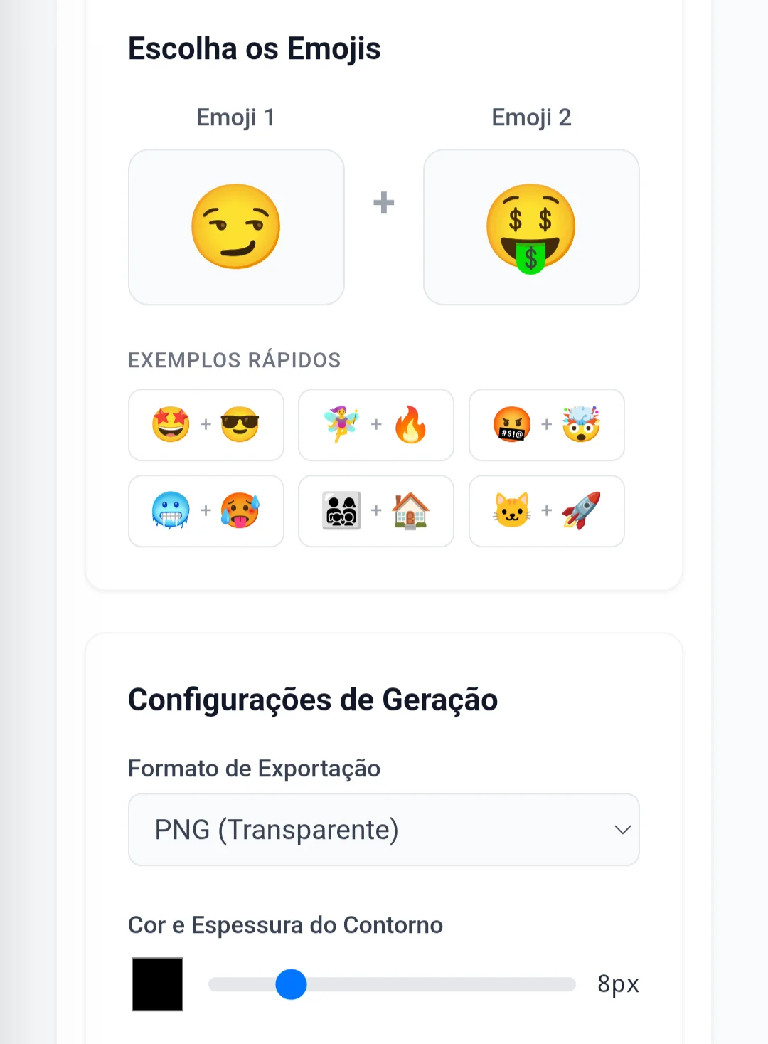 Interface inicial do Gerador de Emojis selecionando dois emojis diferentes