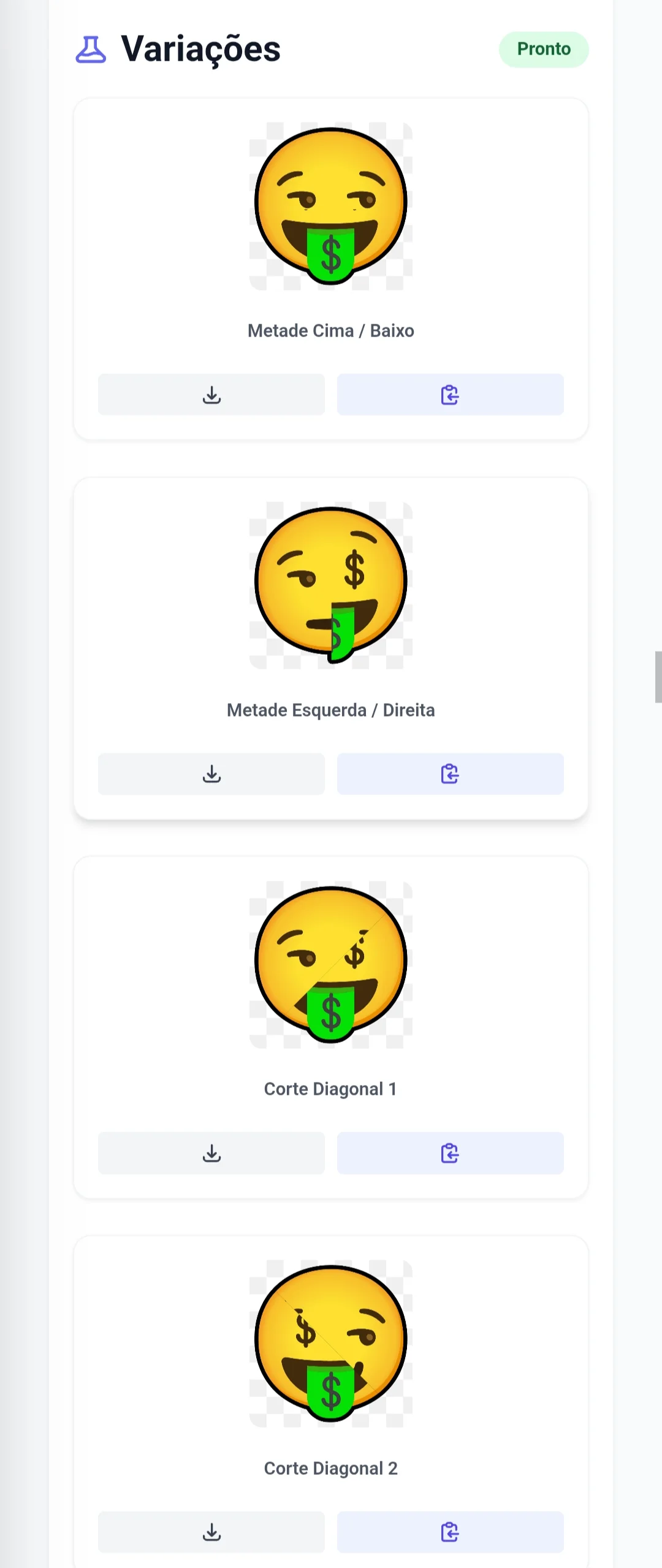 Painel exibindo as 10 variações automáticas geradas pela ferramenta
