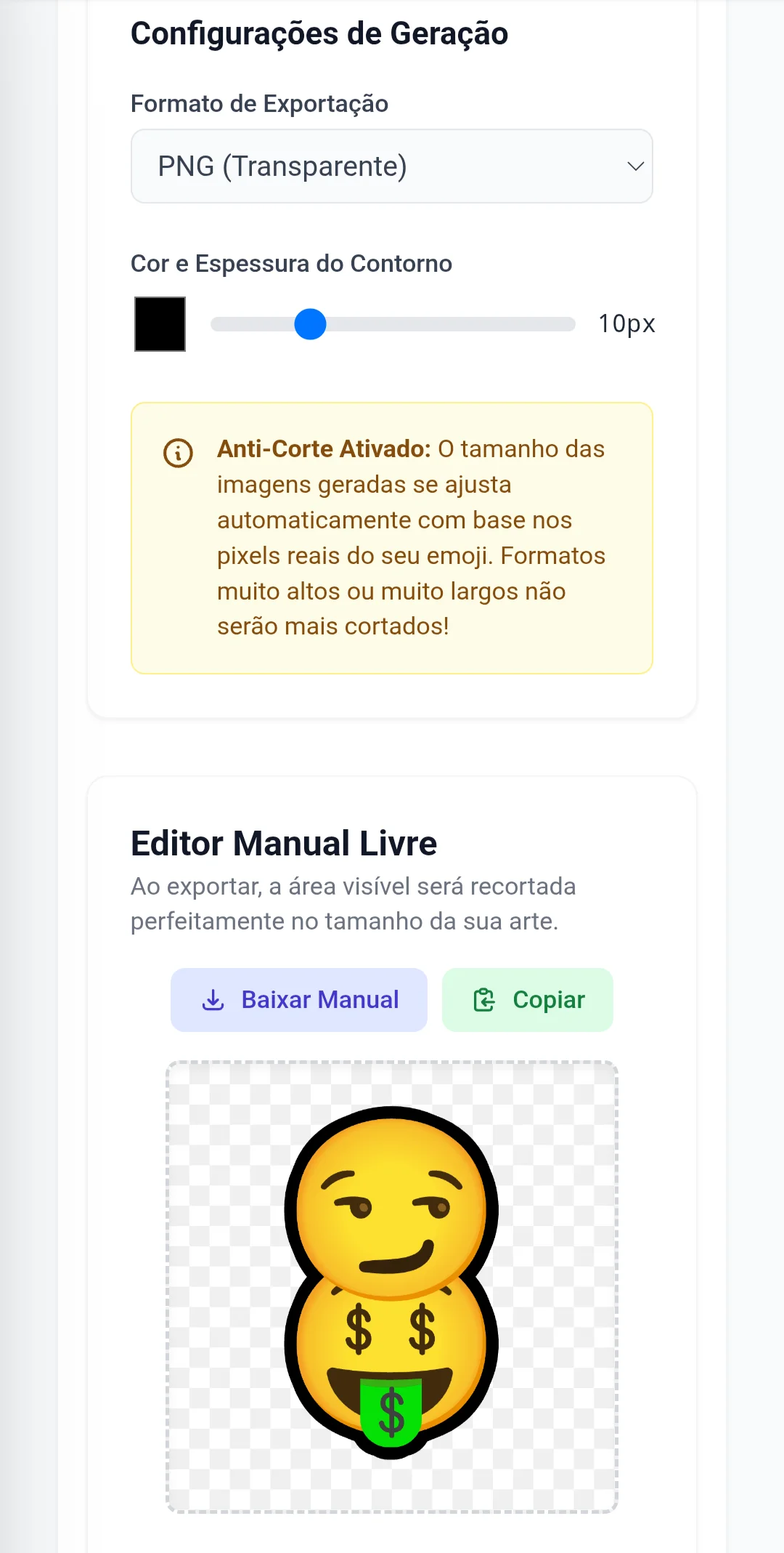 Opções de configuração mostrando contorno personalizado e formatos de arquivo