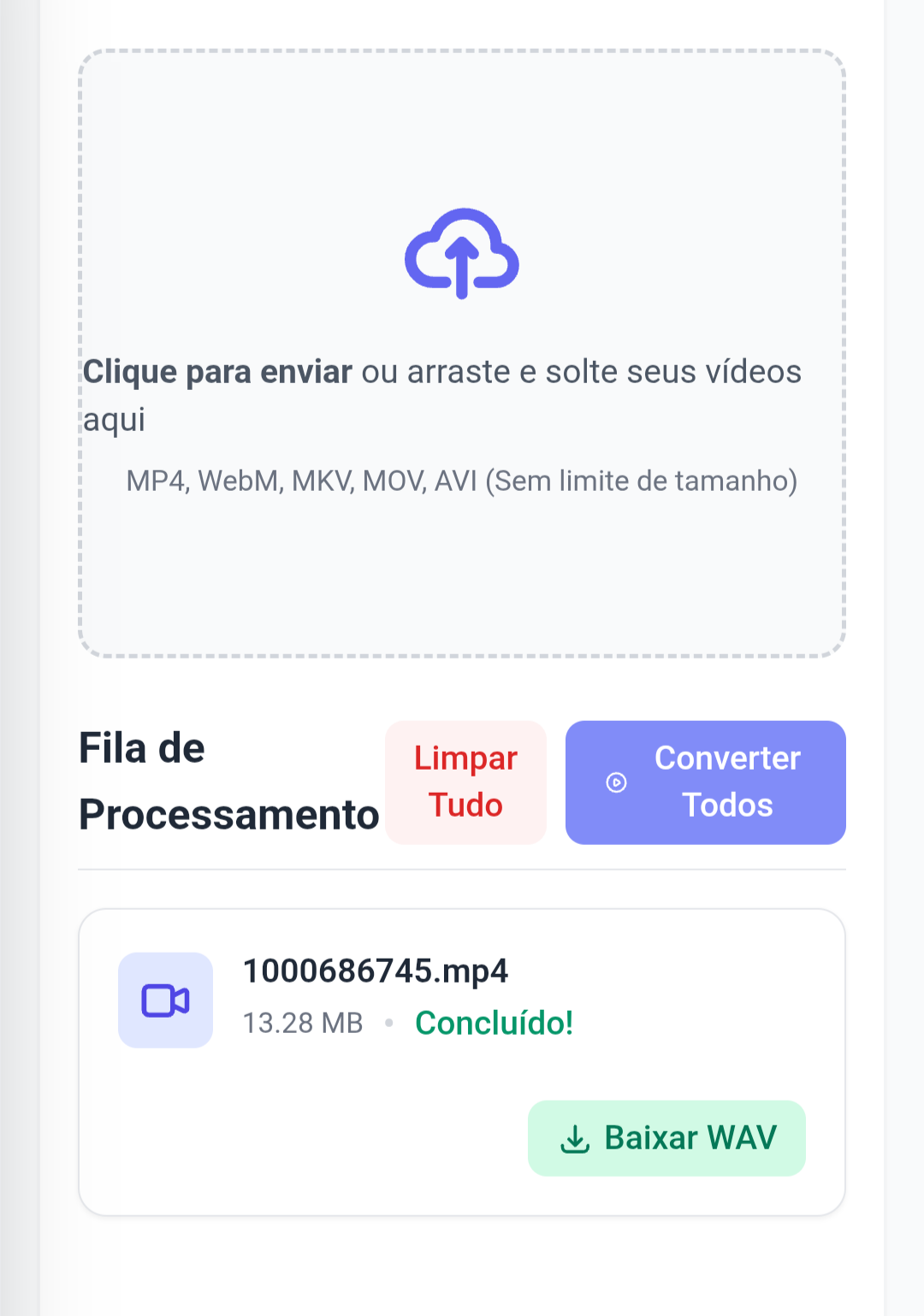 Tela de processamento concluído com o botão de download do áudio