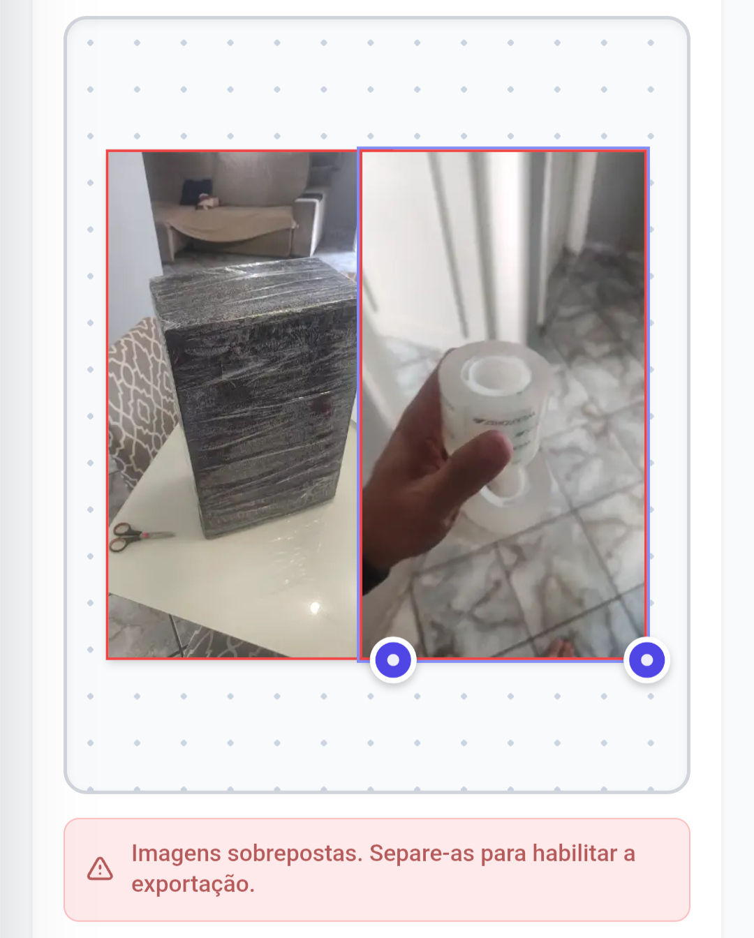 Aviso visual de borda vermelha quando as imagens estão sobrepostas