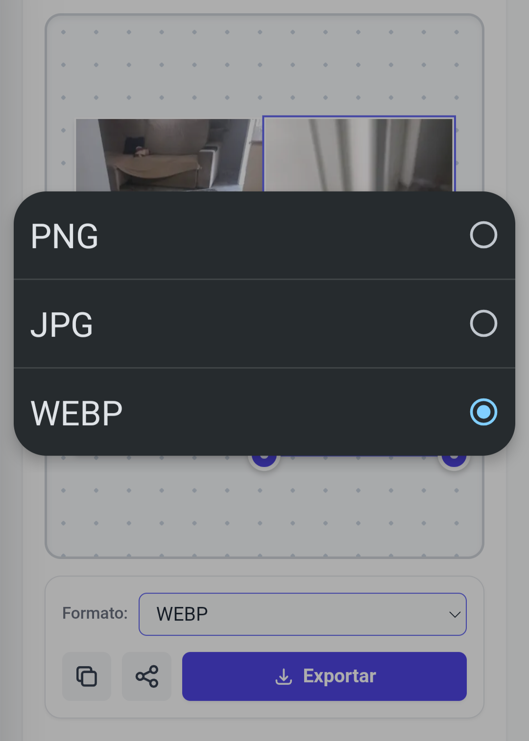 Opções de exportação suportando PNG, JPG e WEBP em alta resolução