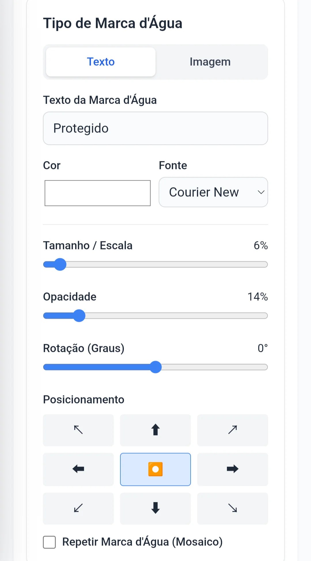 Painel de controle para escolha de fonte, opacidade e rotação
